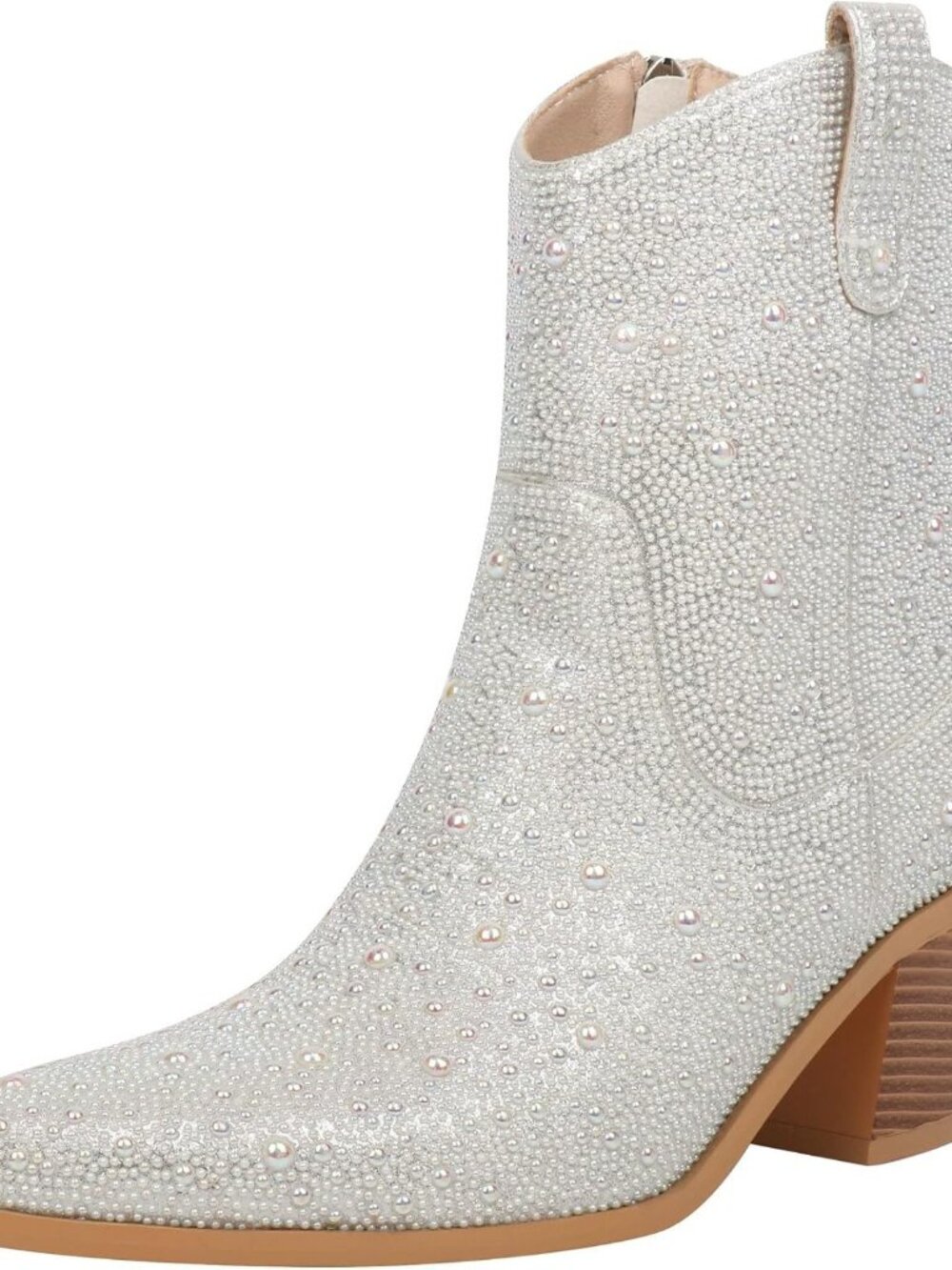 Women's Pearl Silver Rhinestone Boots Glitter Chunky Heel Sparkly Ankle Boots